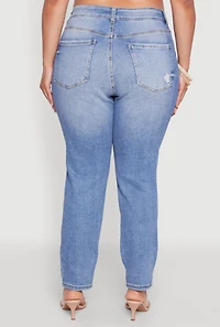 Womens Plus WAX High Waist Whiskered Distressed Jeans, Blue,