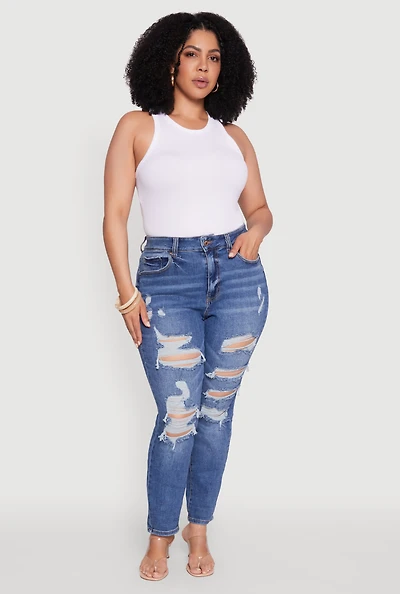 Womens Plus WAX High Waist Whiskered Distressed Jeans, Blue,