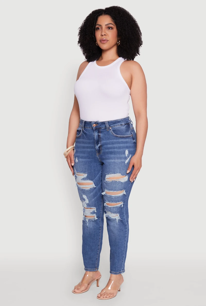 Womens Plus Size WAX High Waist Whiskered Distressed Jeans, Blue, Size 18