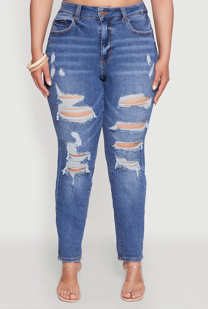 Womens Plus Size WAX High Waist Whiskered Distressed Jeans, Blue, Size 18