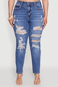 Womens Plus Size WAX High Waist Whiskered Distressed Jeans, Blue, Size 18