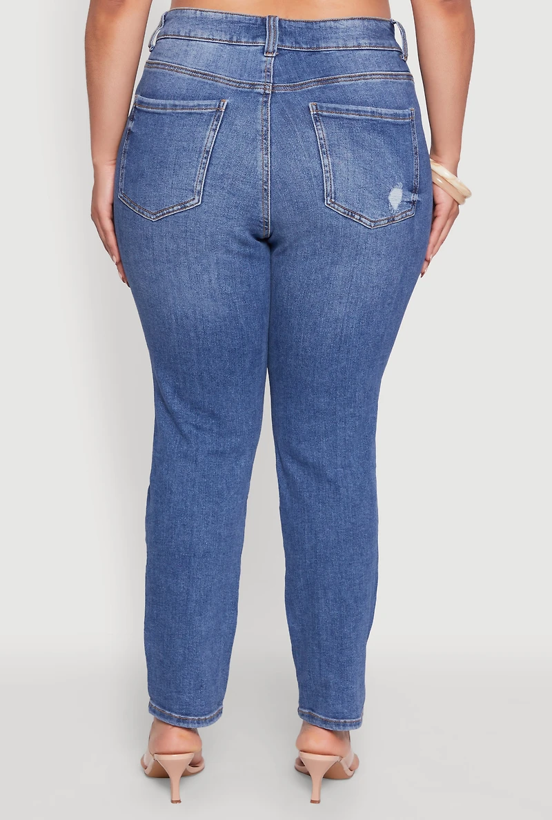 Womens Plus Size WAX High Waist Whiskered Distressed Jeans, Blue, Size 18