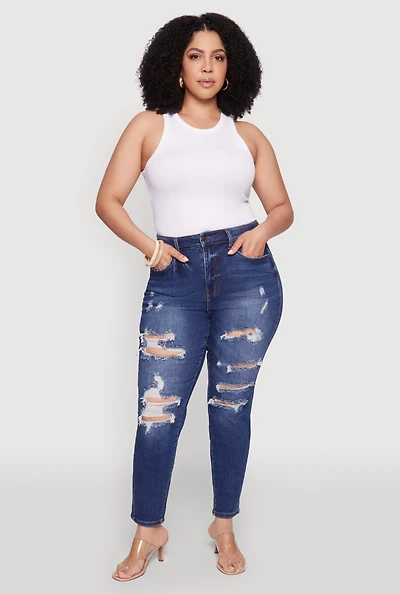 Womens Plus WAX High Waist Whiskered Distressed Jeans, Blue,