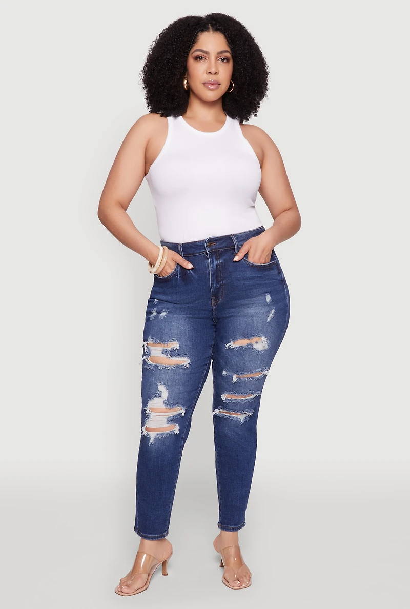 Womens Plus Size WAX High Waist Whiskered Distressed Jeans, Blue, Size 14