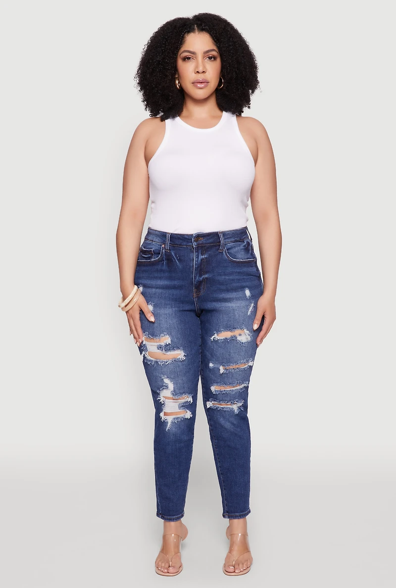 Womens Plus Size WAX High Waist Whiskered Distressed Jeans, Blue, Size 14