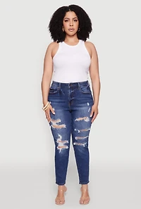 Womens Plus Size WAX High Waist Whiskered Distressed Jeans, Blue, Size 14