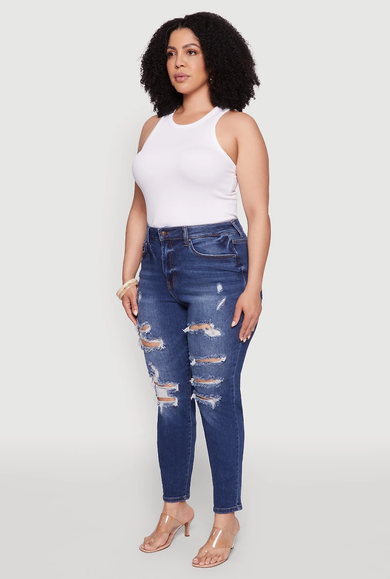 Womens Plus Size WAX High Waist Whiskered Distressed Jeans, Blue, Size 14