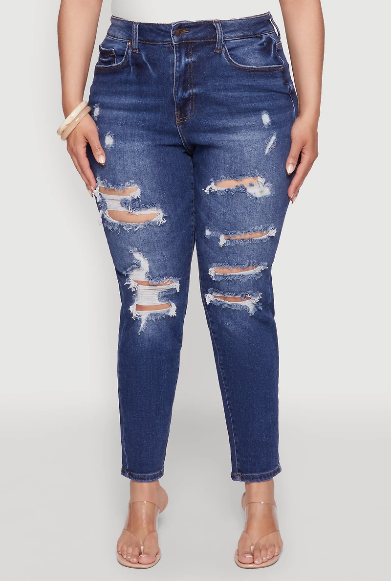Womens Plus Size WAX High Waist Whiskered Distressed Jeans, Blue, Size 14
