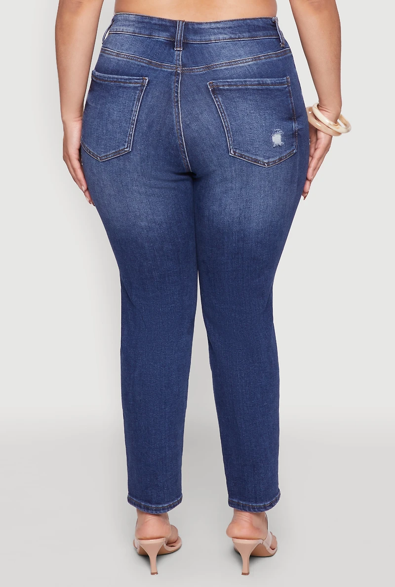 Womens Plus Size WAX High Waist Whiskered Distressed Jeans, Blue, Size 14