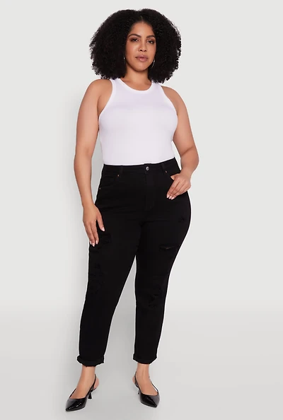 Womens Plus Size WAX Patch Distressed High Waist Slim Straight Jeans, Black, Size 14