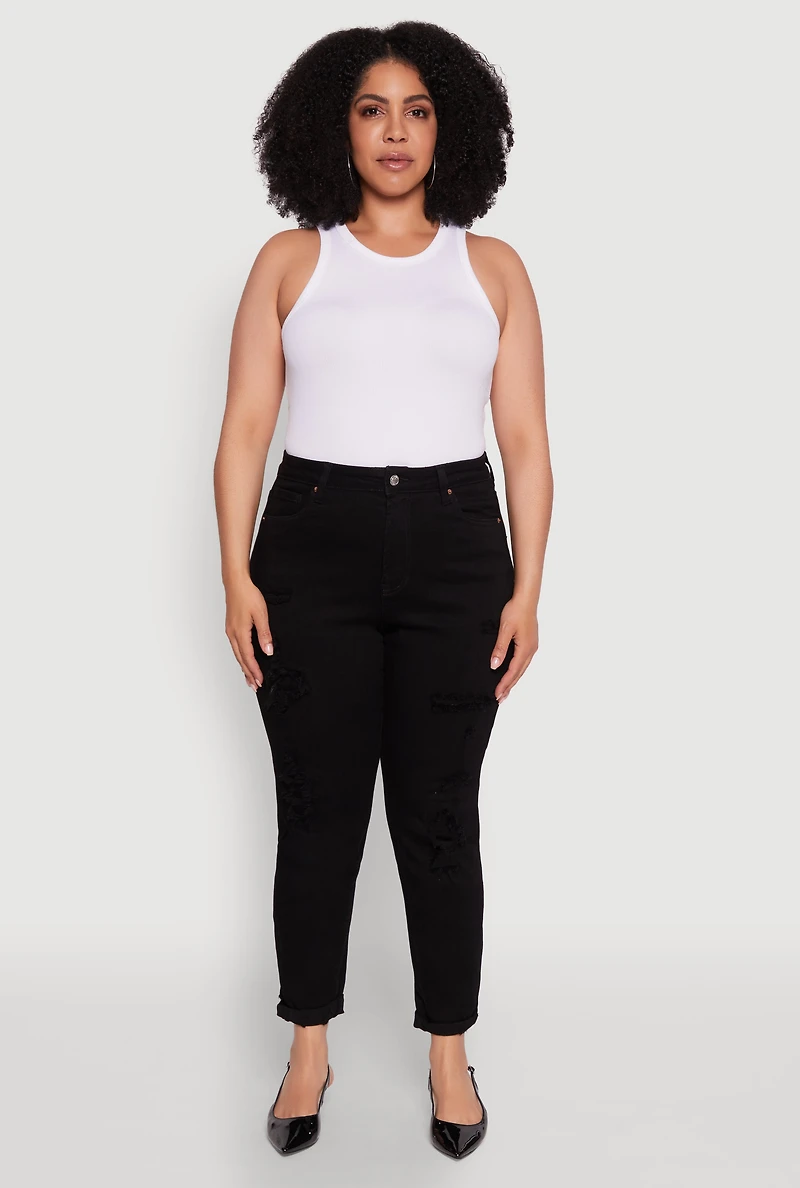 Womens Plus Size WAX Patch Distressed High Waist Slim Straight Jeans, Black, Size 14