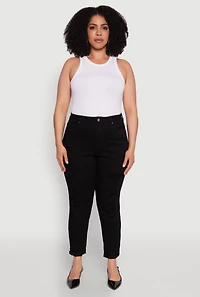 Womens Plus Size WAX Patch Distressed High Waist Slim Straight Jeans, Black, Size 14