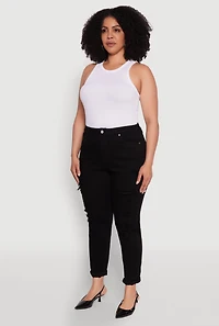 Womens Plus WAX Patch Distressed High Waist Slim Straight Jeans,