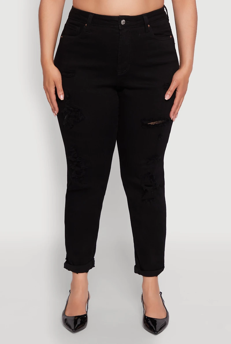 Womens Plus WAX Patch Distressed High Waist Slim Straight Jeans,