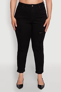 Womens Plus WAX Patch Distressed High Waist Slim Straight Jeans,
