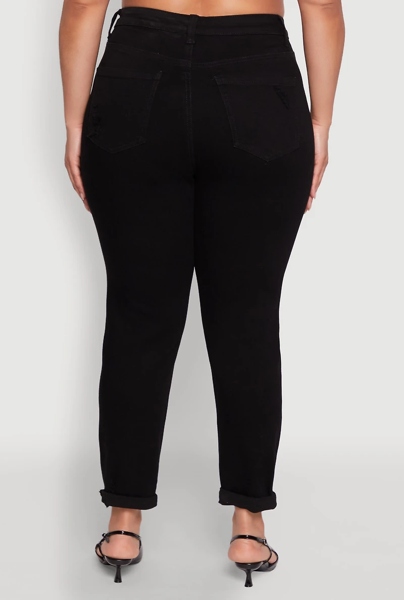 Womens Plus WAX Patch Distressed High Waist Slim Straight Jeans,