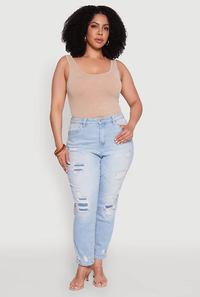Plus WAX Patch Distressed High Waist Slim Straight Jeans