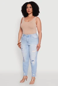 Womens Plus Size WAX Patch Distressed High Waist Slim Straight Jeans, Blue, Size 16