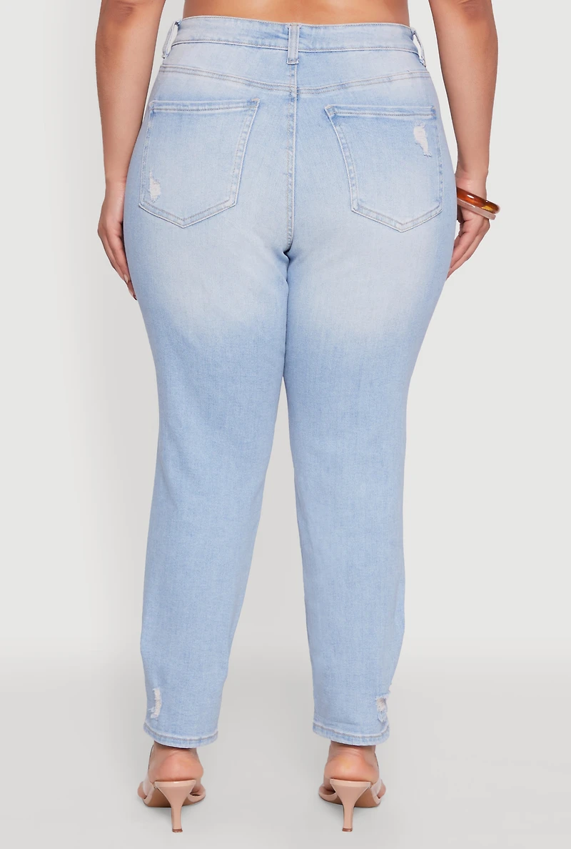 Plus WAX Patch Distressed High Waist Slim Straight Jeans