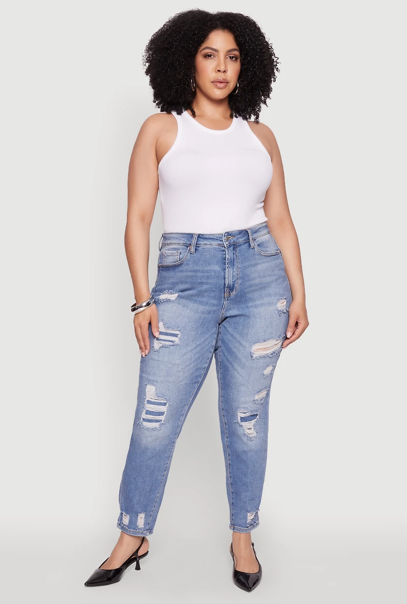 Womens Plus Size WAX Patch Distressed High Waist Slim Straight Jeans, Blue, Size 16