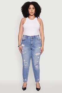 Womens Plus Size WAX Patch Distressed High Waist Slim Straight Jeans, Blue, Size 16