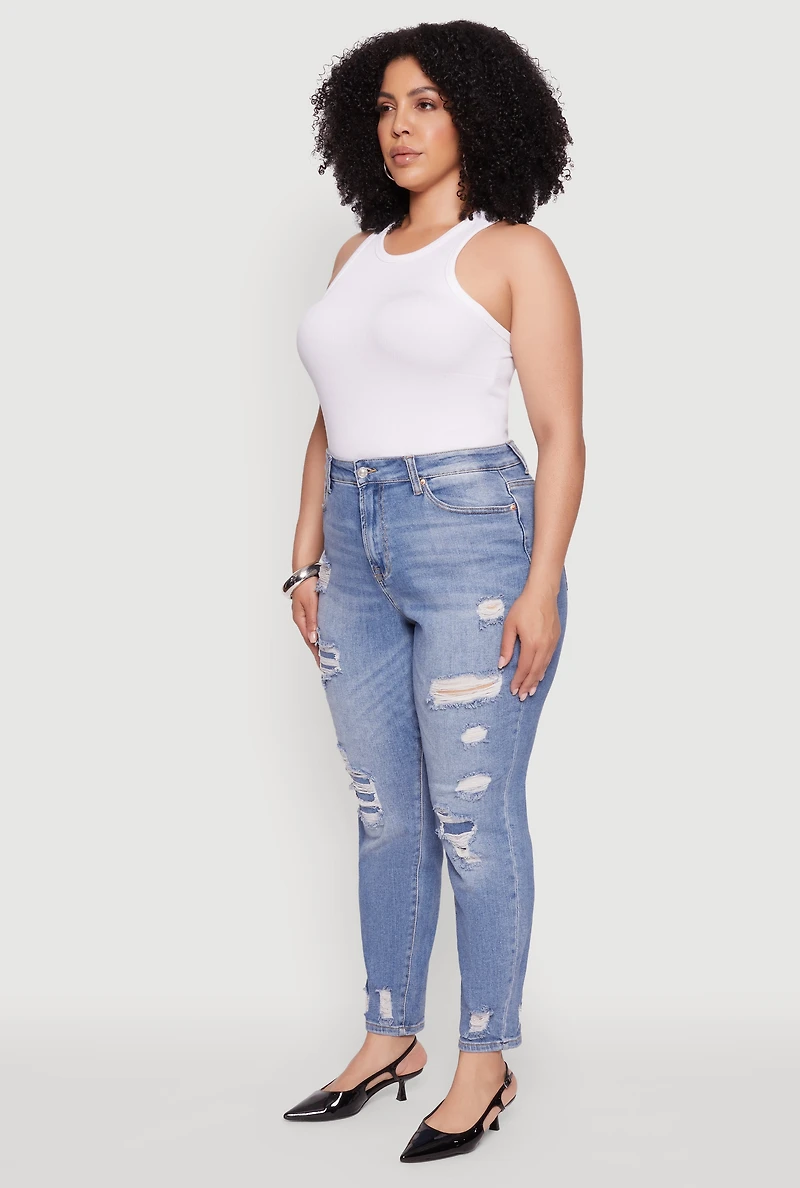 Womens Plus Size WAX Patch Distressed High Waist Slim Straight Jeans, Blue, Size 18