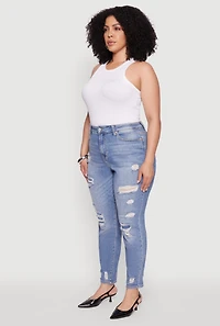 Womens Plus Size WAX Patch Distressed High Waist Slim Straight Jeans, Blue, Size 18