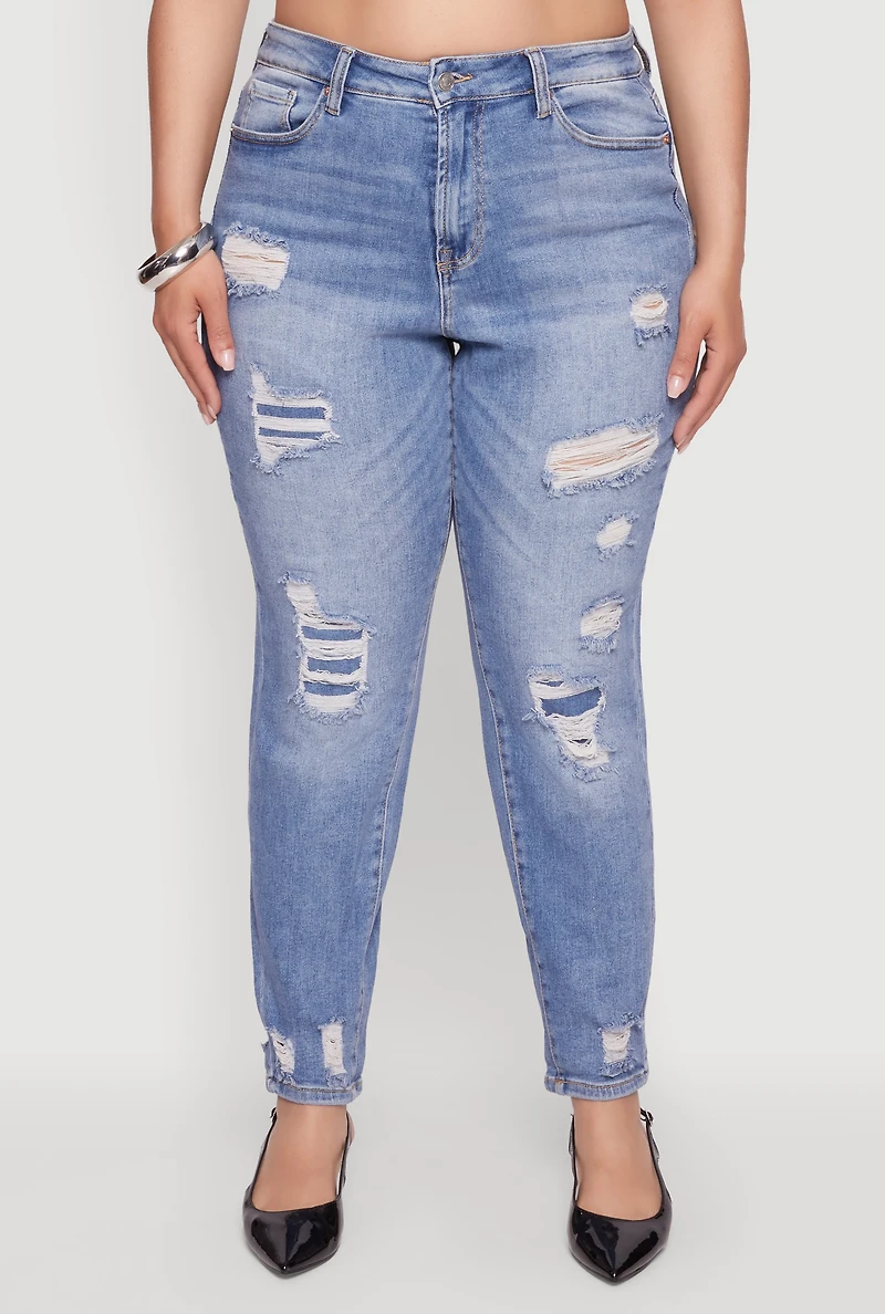 Womens Plus Size WAX Patch Distressed High Waist Slim Straight Jeans, Blue, Size 18