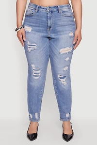 Womens Plus Size WAX Patch Distressed High Waist Slim Straight Jeans, Blue, Size 18