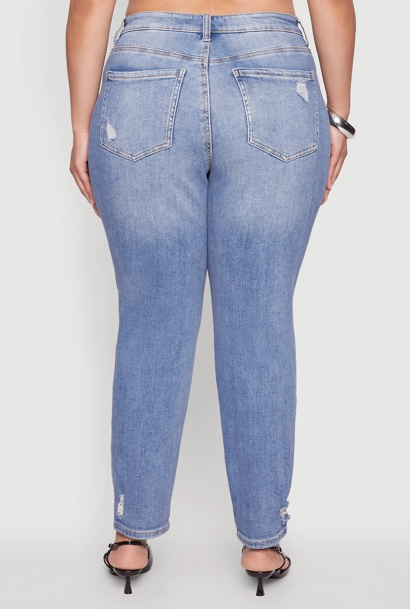 Womens Plus Size WAX Patch Distressed High Waist Slim Straight Jeans, Blue, Size 18