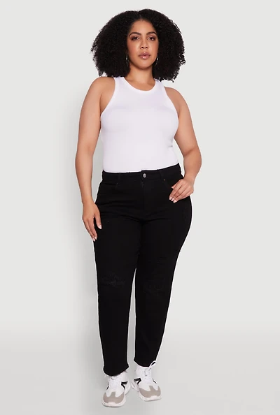 Womens Plus Size WAX High Waist Distressed Jeans, Black, Size 18