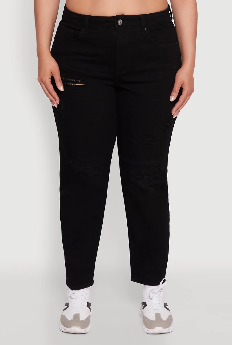 Womens Plus Size WAX High Waist Distressed Jeans, Black, Size 18