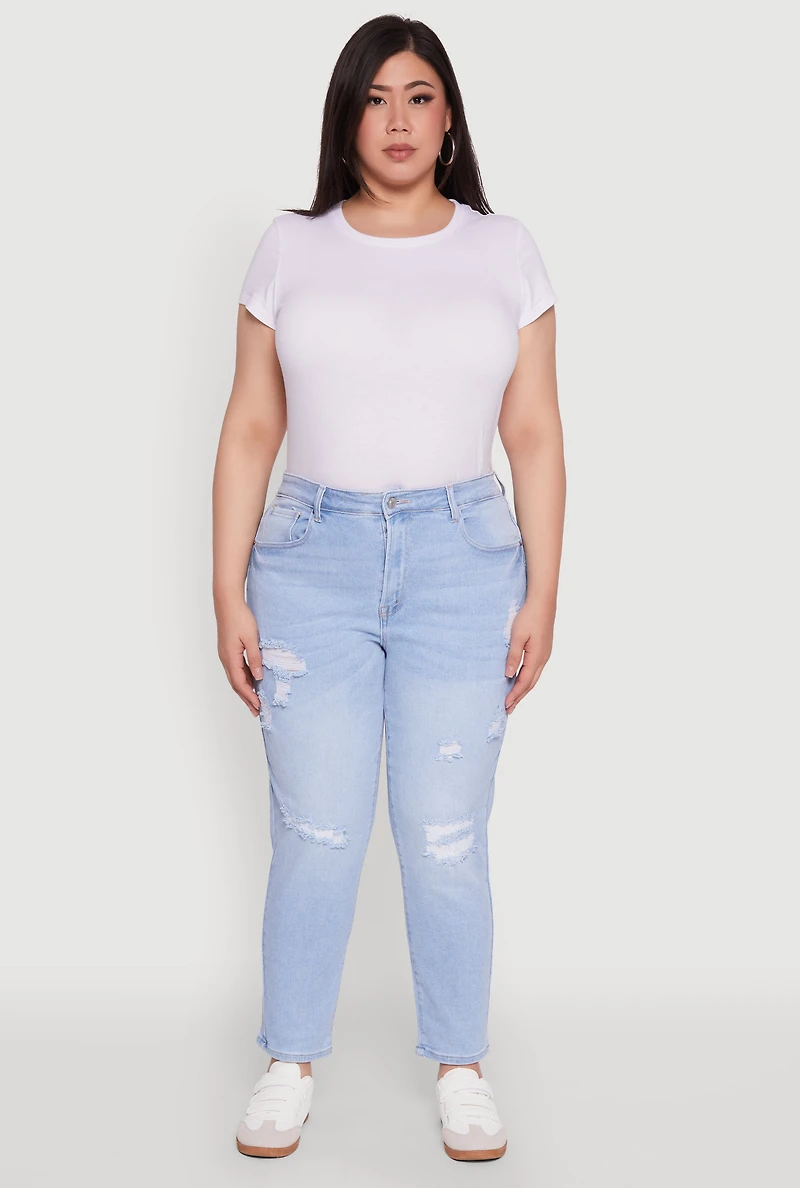 Womens Plus Size WAX High Waist Distressed Jeans, Blue, Size 14