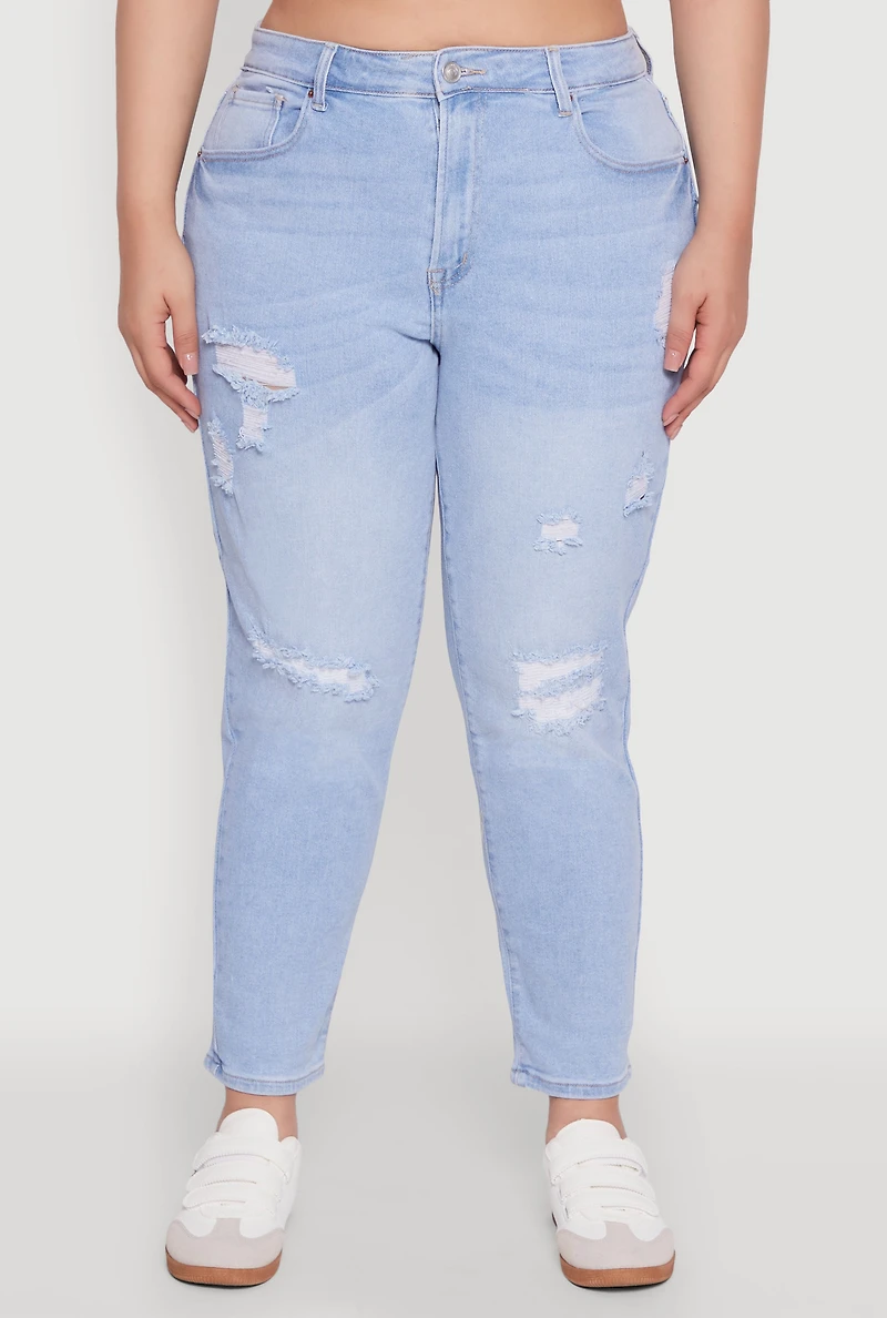 Womens Plus Size WAX High Waist Distressed Jeans, Blue, Size 14