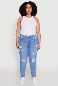 Womens Plus WAX High Waist Distressed Jeans, Blue,