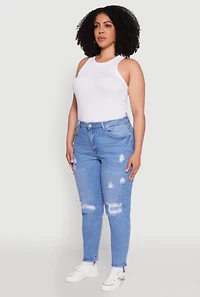 Womens Plus WAX High Waist Distressed Jeans, Blue,