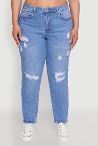 Womens Plus WAX High Waist Distressed Jeans, Blue,