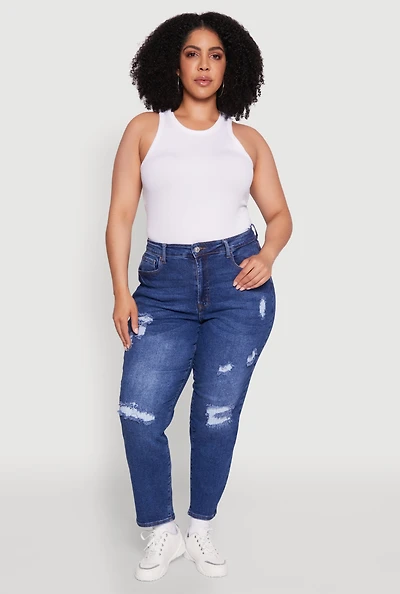 Womens Plus WAX High Waist Distressed Jeans, Blue,