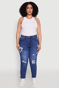 Womens Plus WAX High Waist Distressed Jeans, Blue,