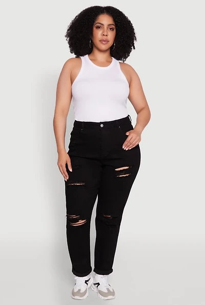 Womens Plus WAX High Waisted Distressed Mom Jeans,