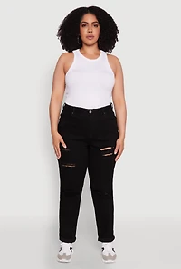 Womens Plus Size WAX High Waisted Distressed Mom Jeans, Black, Size 16