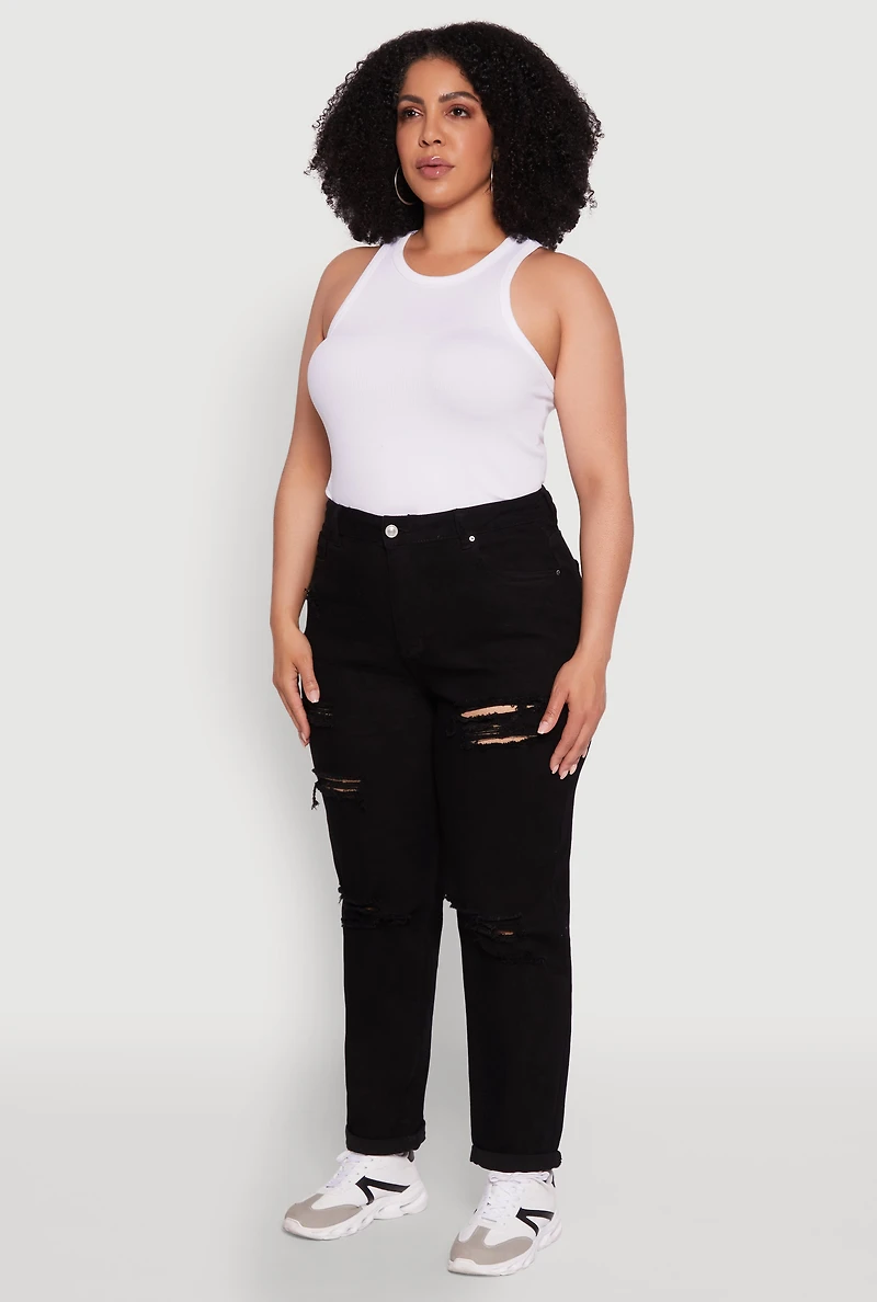Womens Plus Size WAX High Waisted Distressed Mom Jeans, Black, Size 16