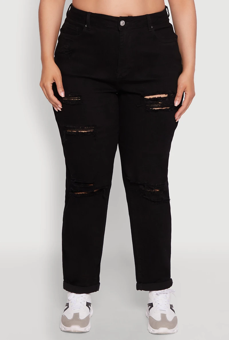 Womens Plus Size WAX High Waisted Distressed Mom Jeans, Black, Size 16