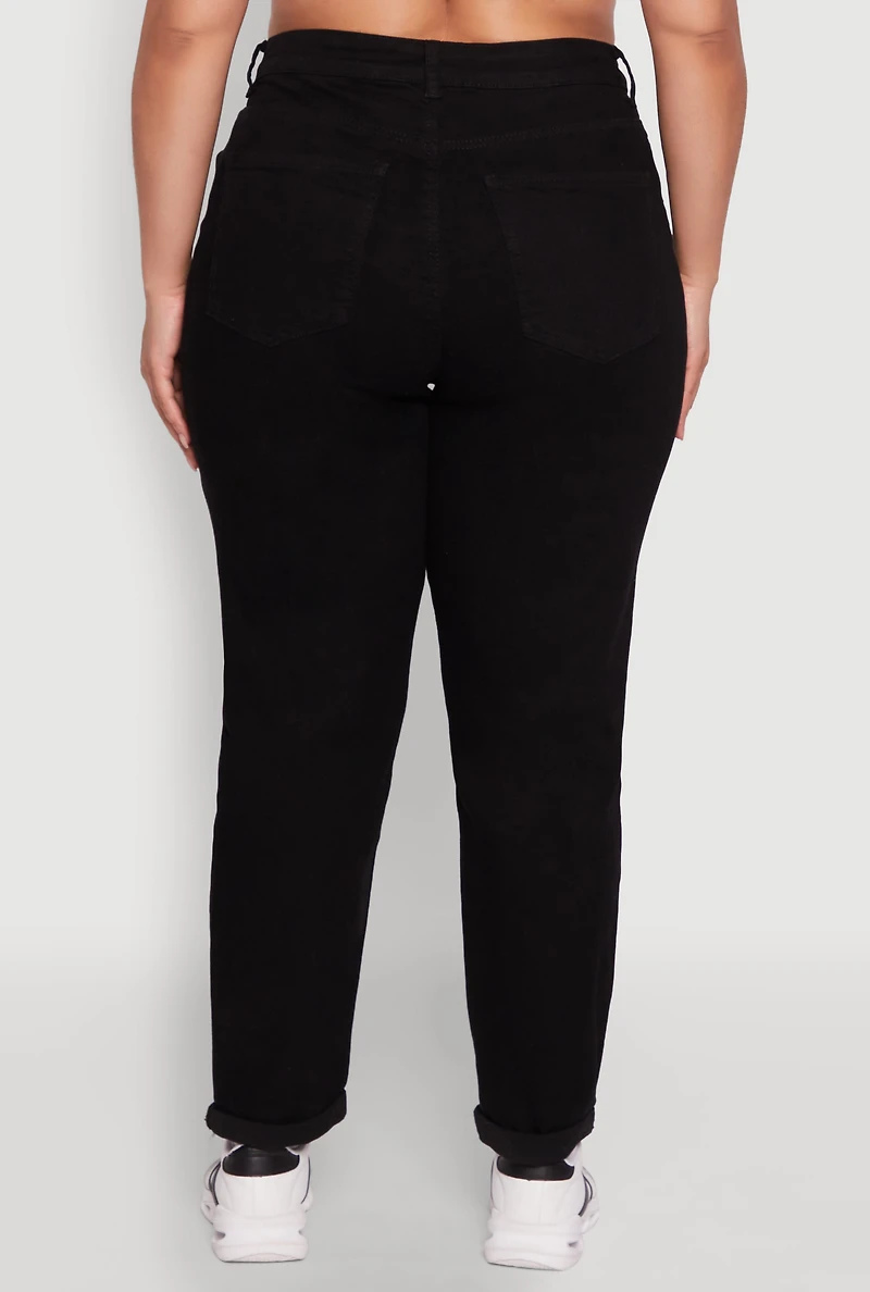 Womens Plus Size WAX High Waisted Distressed Mom Jeans, Black, Size 16