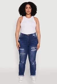 Womens Plus Size WAX High Waisted Distressed Mom Jeans, Blue, Size 16