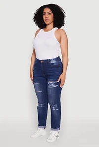 Womens Plus Size WAX High Waisted Distressed Mom Jeans, Blue, Size 16