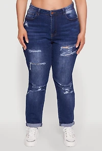 Womens Plus Size WAX High Waisted Distressed Mom Jeans, Blue, Size 16