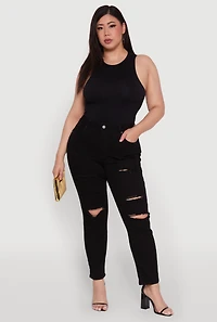 Womens Plus Size WAX High Waisted Distressed and Frayed Jeans, Black, Size 18