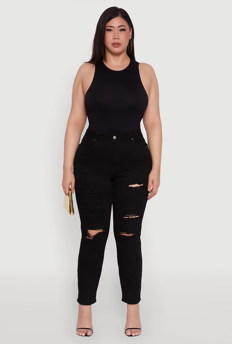 Plus WAX High Waisted Distressed and Frayed Jeans