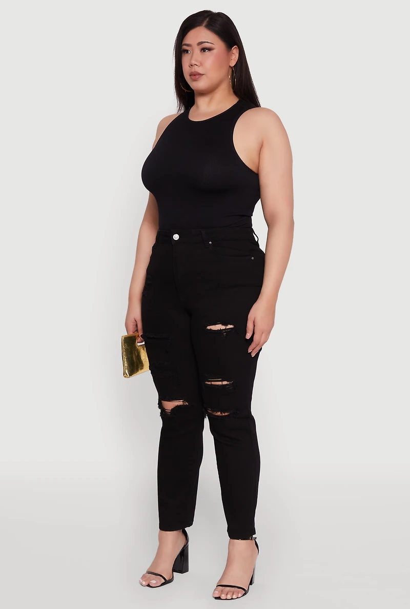 Womens Plus Size WAX High Waisted Distressed and Frayed Jeans, Black, Size 18